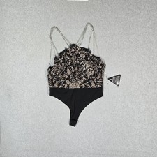 Rare London Women Tank 8 Black Floral Bodysuit Rhinestones Strap Lace Party NWT