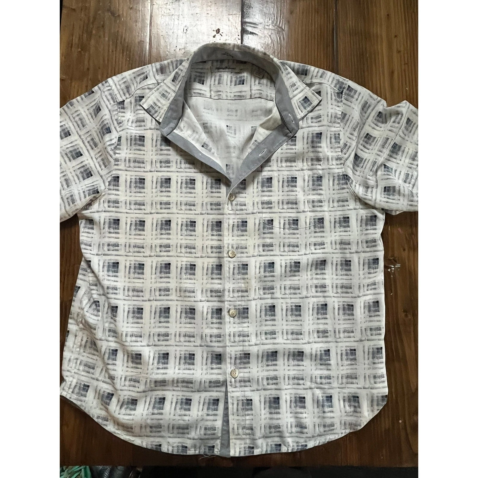 Tommy Bahama Mens XL Grey White Abstract Geometric Grid Print Camp Shirt XL/TG
