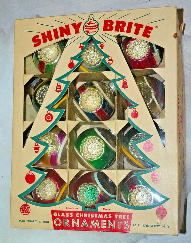 🌟VINTAGE SHINY BRITE DOUBLE INDENT STRIPED 2 1/4" GLASS CHRISTMAS ORNAMENTS BOX