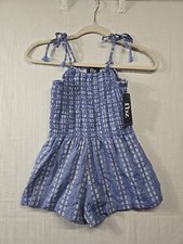 NWT Flowers by Zoe Kids Girl's Chambray Romper Smocked Tie Straps Tassels Size L