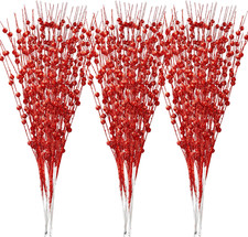24 Pcs 17  Red Berry Stems Glitter Picks for Tree Wreath Vase Xmas DIY Decor Set