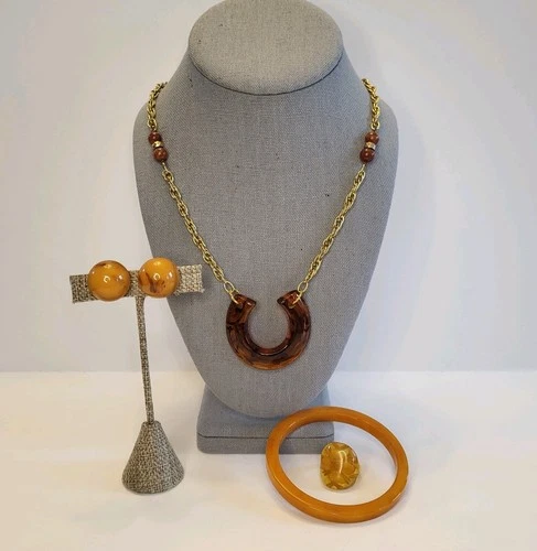 VTG 4 Piece Bakelite Jewelry Lot KJL Earrings Apple Juice Ring Butterscotch