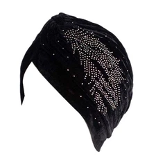 Feather Image Velvet-Feel Twist Pleated Hair Wrap Stretch Turban Hat Black