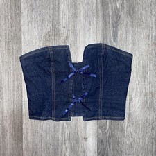 Women's Strapless Blue Denim Corset Bustier Top, Solid, Zip Bow Accent Size S