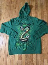 Ed Hardy Snake Cards Pull Over Hoodie Men's Size Large Green Tattoo Sweatshirt