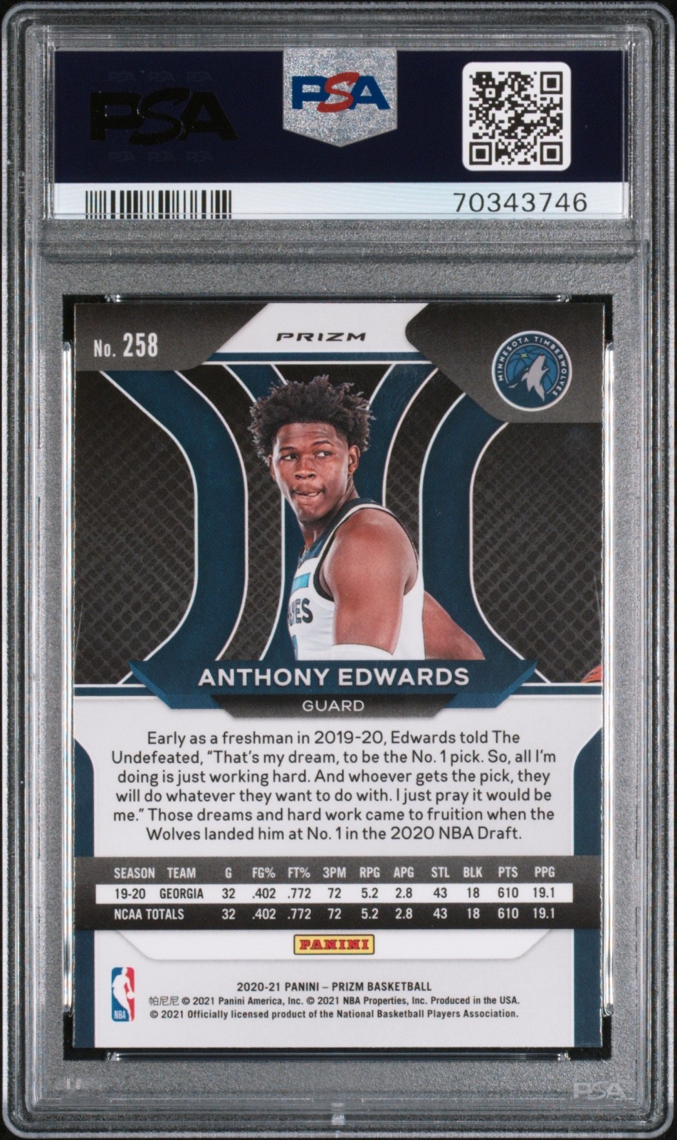 2020-21 Panini Prizm Anthony Edwards RC Rookie Silver Prizm #258 PSA 9 view 2