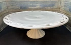 Vintage Pitman Dreitzer Milk Glass Cake Stand Open Lace Edge Fluted Pedestal 14"