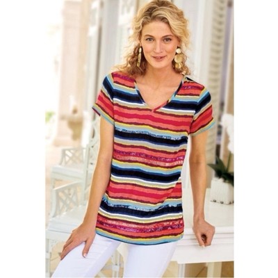 Soft Surroundings Colorista Striped Sequin Tunic Top Rainbow Multi Size XL