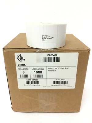 NEW Box Of 6 Zebra 8000D Lab 10025482 Adhesive Coated Paper Rolls 2''x1.94'', QTY