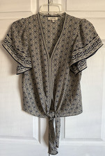 NEW Max Studio Blue Kimono Sleeve Tie-Front Blouse Print Bell Sleeve NWOT