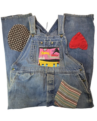 Big Smith Vintage Patchwork Hearts Blue Denim Bib Overalls Mens Size 40x28