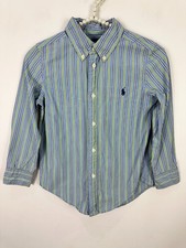 Ralph Lauren Boys 5 Blue Green Striped Button Down Dress Shirt Logo Cotton