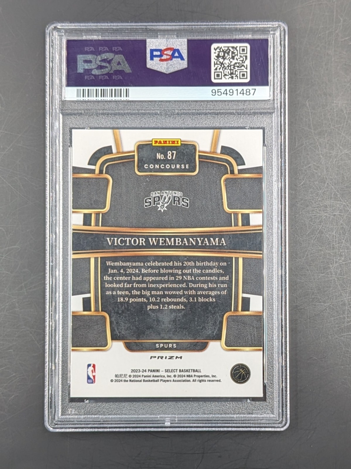 2023-24 Panini Select Concourse Victor Wembanyama #87 Disco Prizm RC PSA 9 view 2
