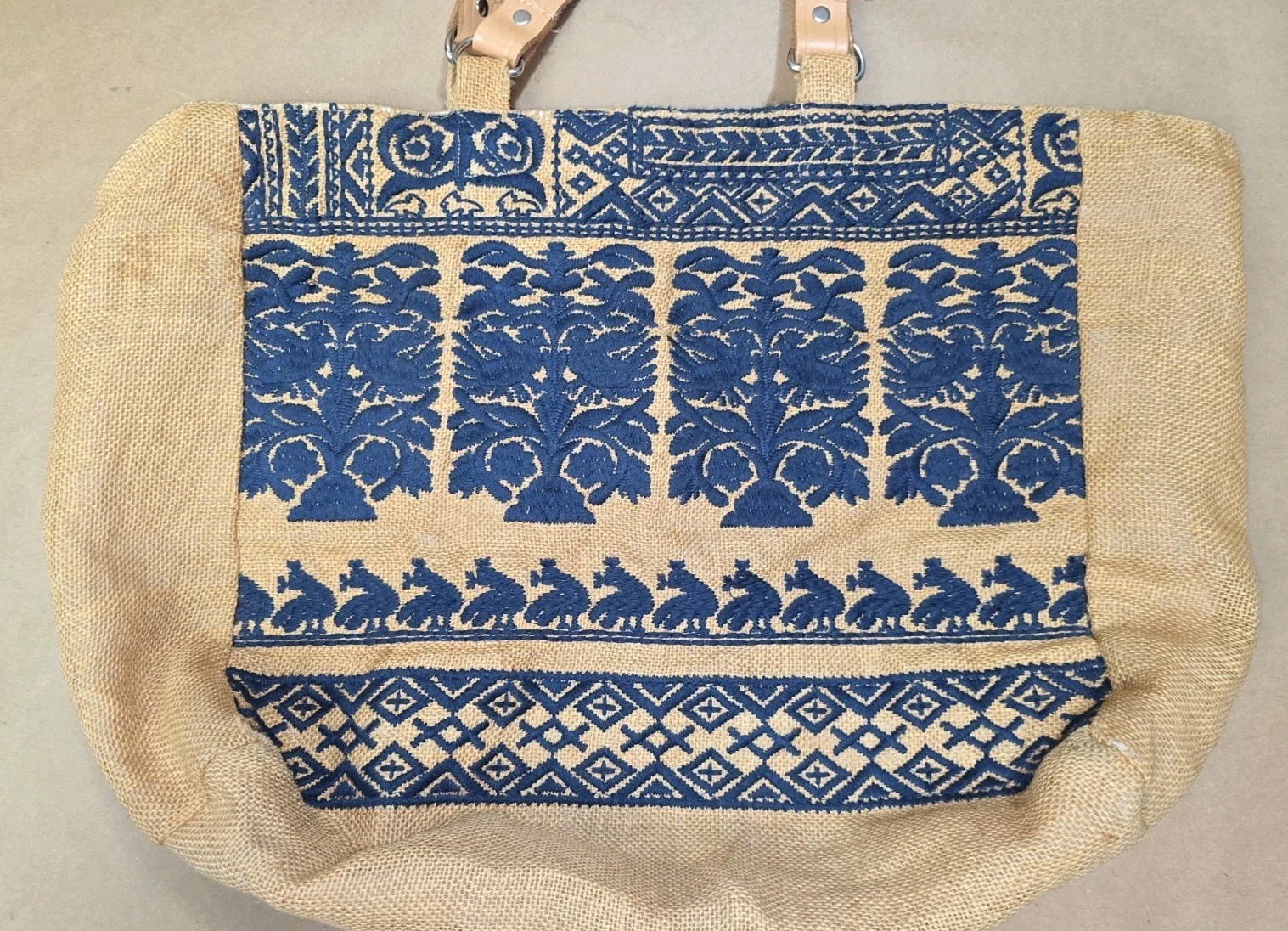 Star Mela Blue Embroidered Brown Jute. Large Tote Shoulder Handbag Book Bag