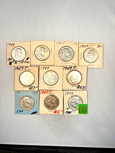 10 1949P FRANKLIN HALF DOLLAR 90% SILVER 1/2 COIN ROLL. XF - AU+ VERY SCARCE