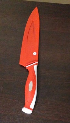 Red White Chef's Knife 8in Straight Edge Plastic Handle Blade Cover 2pcs