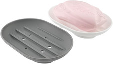 2-Pcs Silicone Soap Dish Tray with Drain Holes 4.45" Bathroom Shower White Gray