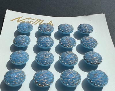 24 Vintage 50er Jahre Kornblumenblau & Gold 1,4 cm Glasknöpfe auf Originalkarte