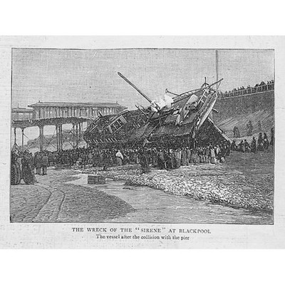 BLACKPOOL Lancs Schiffswrack des norwegischen Schiffes ''Sirene'' - antiker Druck 1892