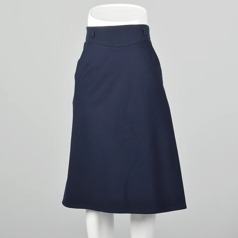 XS Anne Klein Falda Años 70 Azul Marino Lana Clásica Recta Debajo de la Rodilla Años 70 De Colección