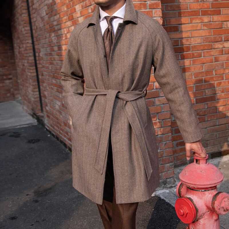 Men's Winter Long Coat Tweed Wool Balmaccan Style Long Slim Fit