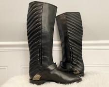 $695 Stuart Weitzman Raceway Black Leather Quilted Flat Tall Riding Boots 36 6