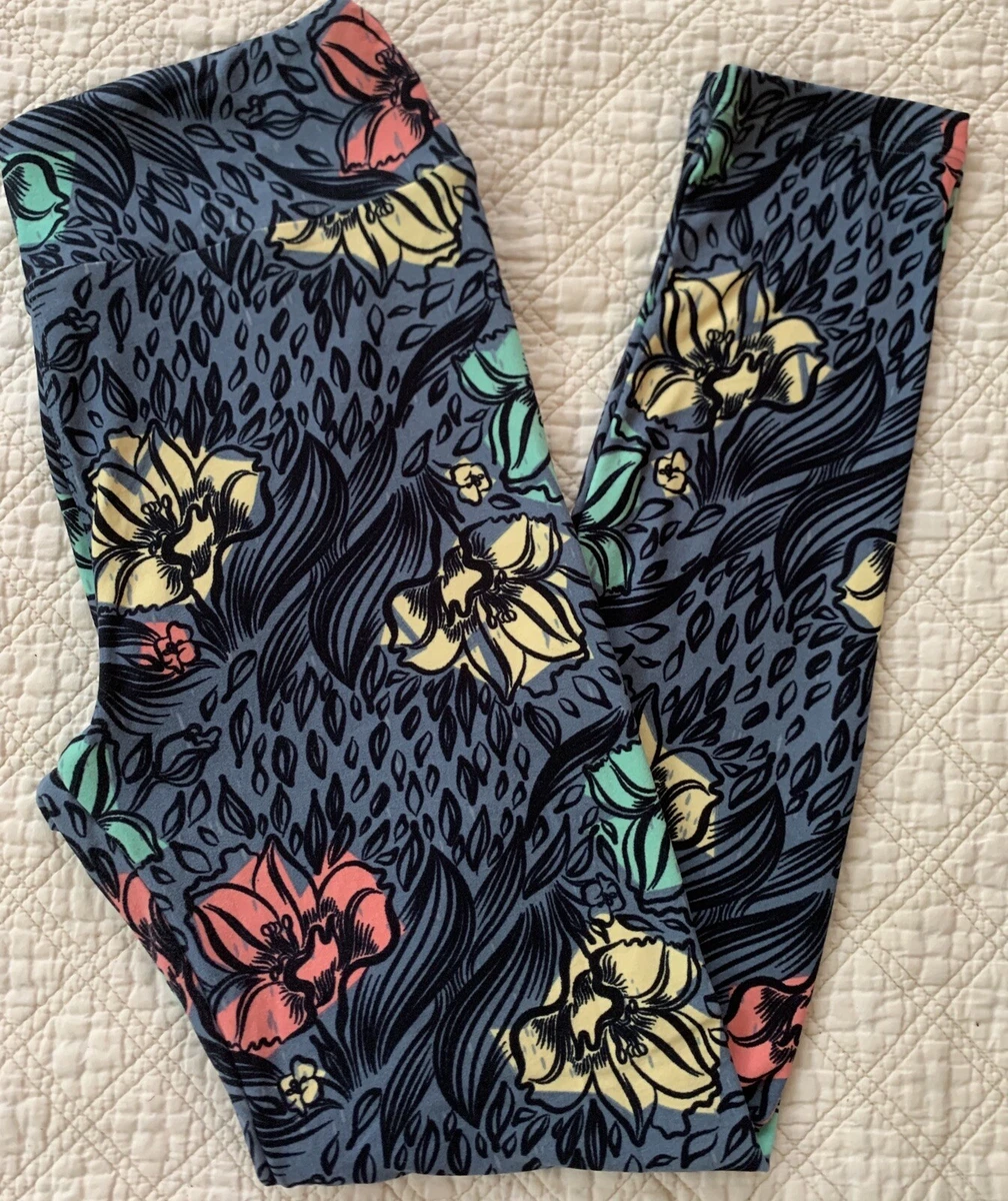 Lularoe Leggings OS Slate Blue w/ Mint Green Yellow Coral Black Flowers  Lilies