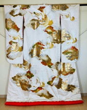 UCHIKAKE JAPANESE KIMONO Wedding Robe Flying Crane Embroidery Silk White Gold