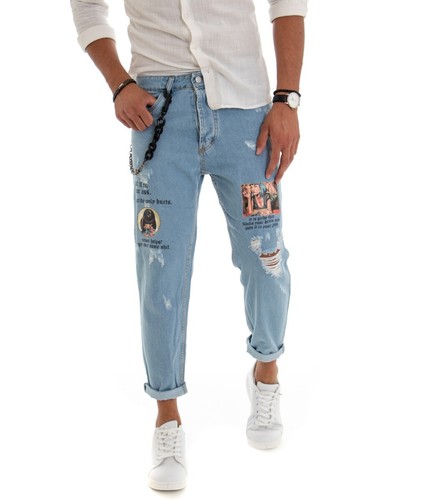 Pantalone Uomo Lungo Jeans Denim Chiaro Stampe Rotture GIOSAL | eBay