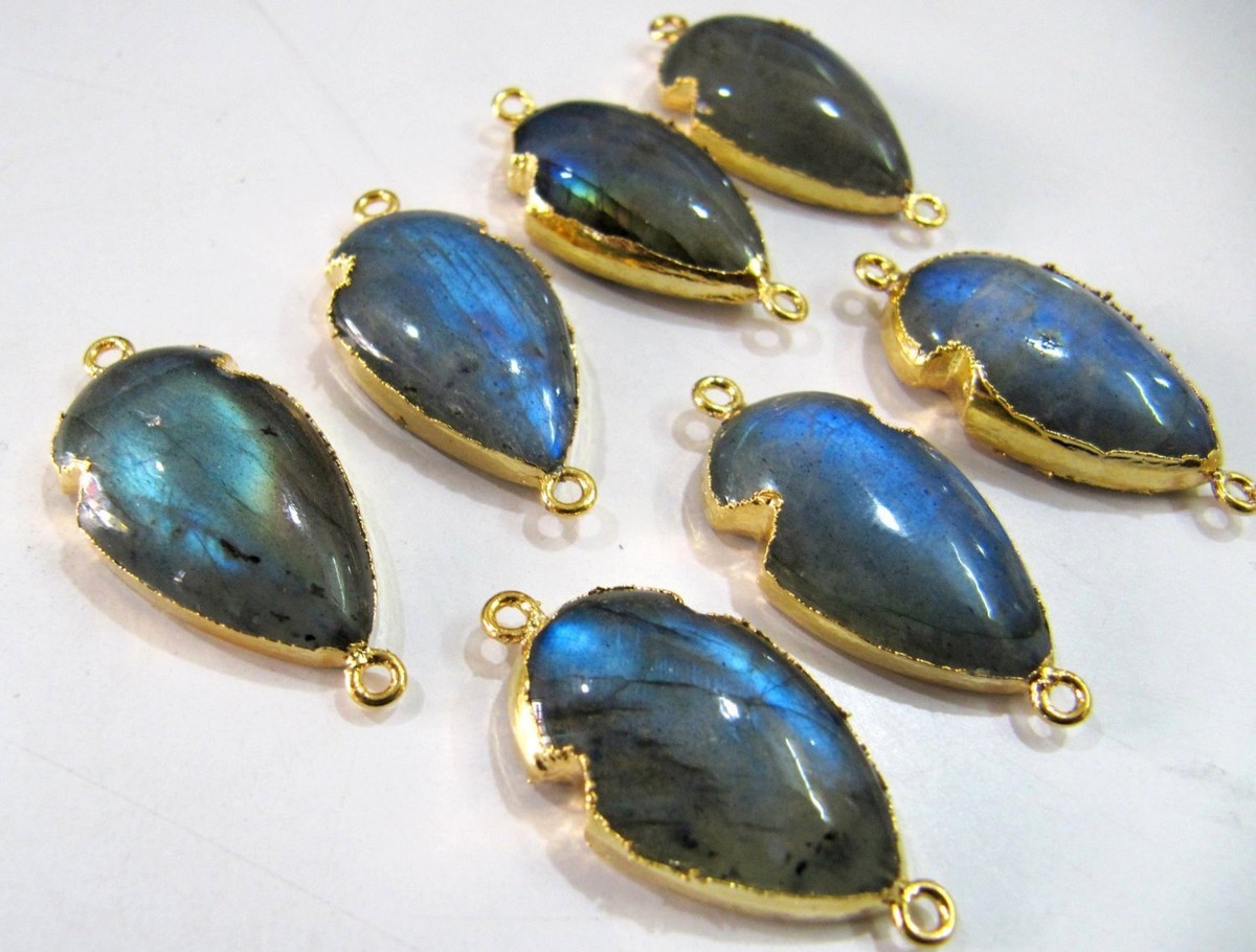 Set of 6- Labradorite Arrowhead Connectors 24Kt Gold Electroplated Double  Loop