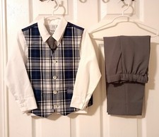 4 Pc LITO Boy  s Size 5 Gray Plaid Vest  Pants Occasion Outfit w LS Shirt  Tie