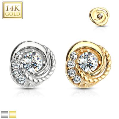 14K Solid Gold Double Tiered CZ Center Swirl Dermal Anchor Top 14g