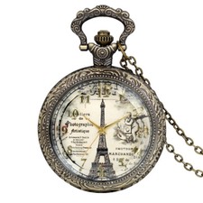 Retro Eiffel Tower Dial Glass Case Quartz Analog Pocket Watch Pendant Necklace