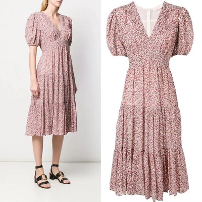 tory burch cotton puffed sleeve dress Tory Burch Floral Cotton Silk Tiered Midi Dress Puff Sleeves Preppy Designe  Sz 8