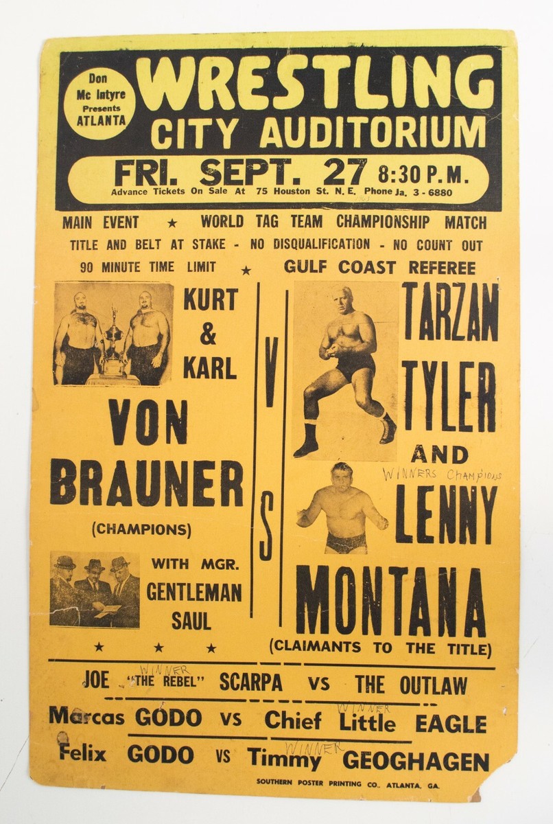 Vintage 1963 Georgia Championship Wrestling Poster Von Brauners