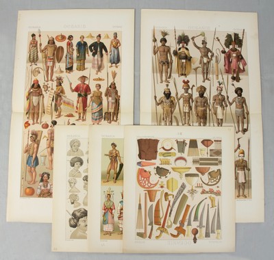 OCEANIA 5 superb plates from Racinet 's work on COSTUME chromolithograph tinted