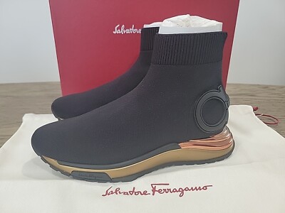 Salvatore Ferragamo Women Black Gold Gardena Sock Sneaker Shoes 10 C New In  Box