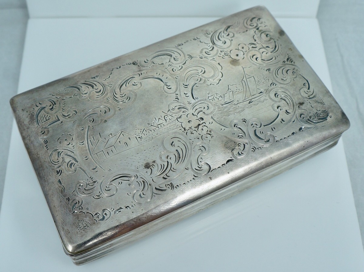 solid silver tobacco tin 1861 Dutch 833 Silver Antique Tobacco Box Village Boat Ship Scene Maritime
