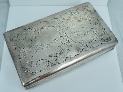solid silver tobacco tin 1861 Dutch 833 Silver Antique Tobacco Box Village Boat Ship Scene Maritime solid silver tobacco tin 1861 Dutch 833 Silver Antique Tobacco Box Village Boat Ship Scene Maritime