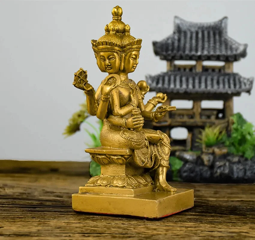 Estatua de Buda tailandesa de cuatro caras de latón Brahma King Estatua decorativa Salón de Buda Foto 3 de 4