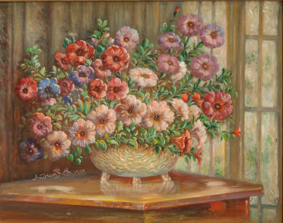 ANDREAS ROTH Bowl of Flowers 1937 oil painting | eBay