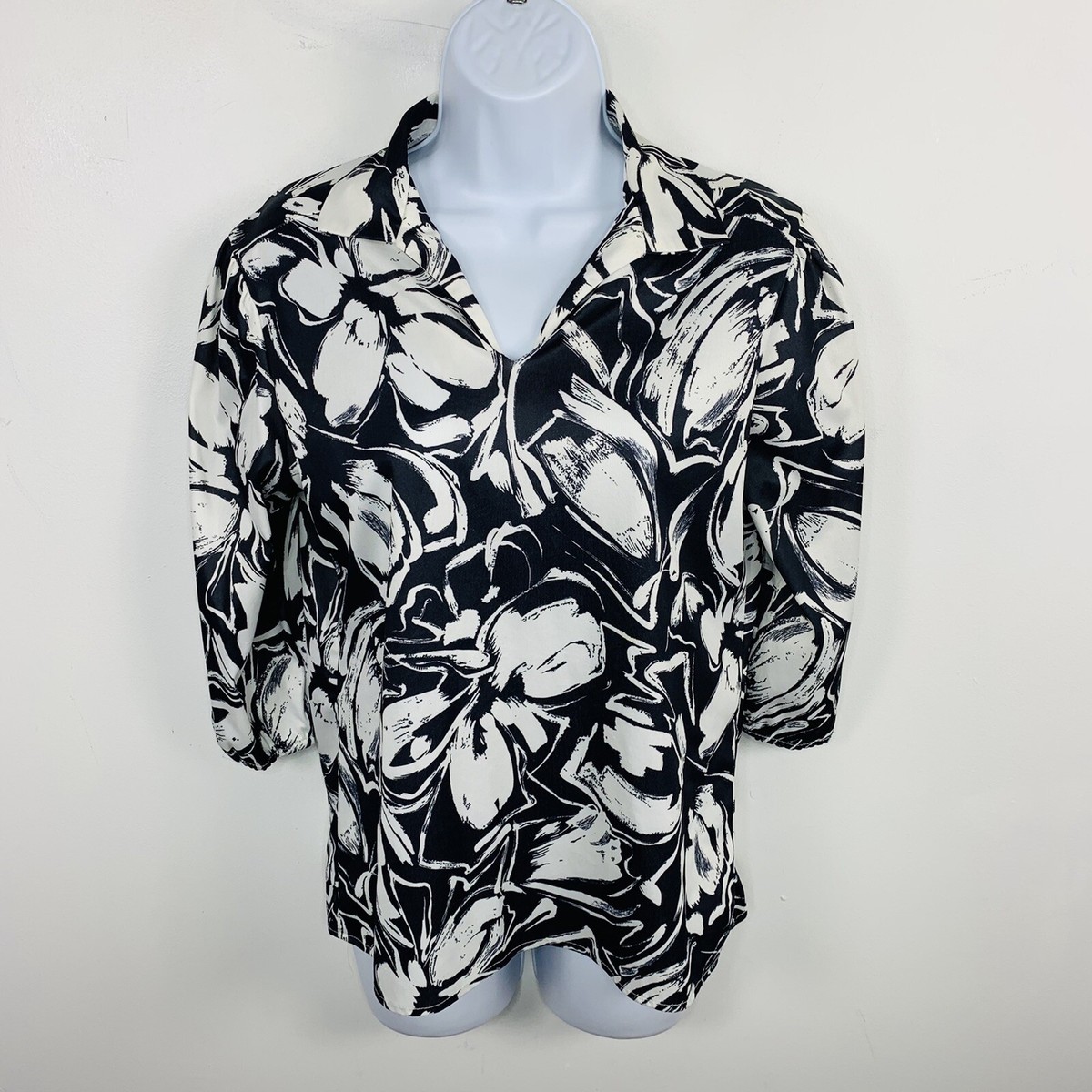 VINTAGE Rhapsody Womens Floral Pullover Shirt Black & White Medium 