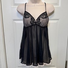 Victoria's Secret Womens Babydoll Large Black Lace Polka Dot Mesh Coquette
