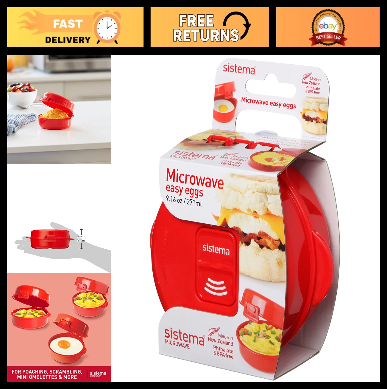 Microwave Egg Cooker - BPA-Free Poacher with Steam Vent, 270ml, Red, 1 Count