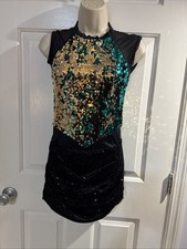Weissman showtime black Teal and gold sparkly sequin leotard MC Rouched Skirt