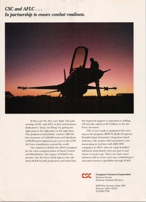 CSC Computer Sciences Vintage Magazine Ad Fighter Jet F-16 Sunset 1980s