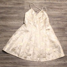 Lulus Dress Mini Gown Sz L Metallic Cream Floral Brocade Lace Up Back Jacquard