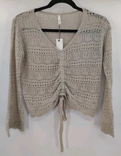 Wishlist L Beige Crocheted Bell Sleeve Tie Front Boho Top