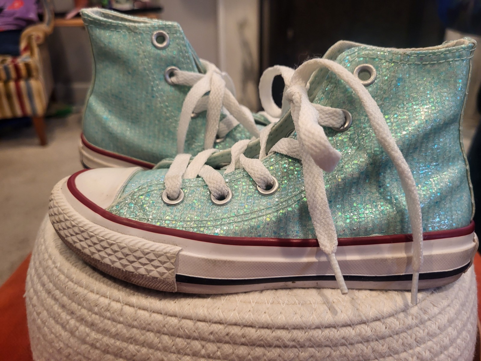 Converse Girls Aqua Glitter High Top Sneakers with Logo Accent, Lace Up thumbnail 2