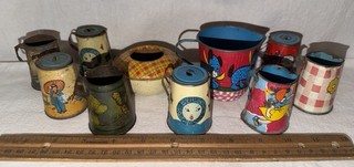 ANTIQUE 9X OHIO ART TIN LITHO TOY TEAPOT CREAMER TEA SET 1 CHEIN DISH VINTAGE